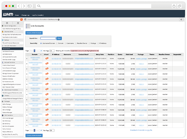 WHM interface for managing reseller hosting accounts